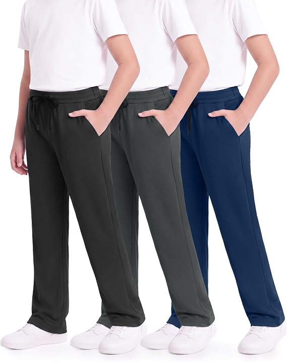 BOOJO 3 Pack Boys Sweatpants with Pockets - Kids Athletic Mesh Open Bottom Pants